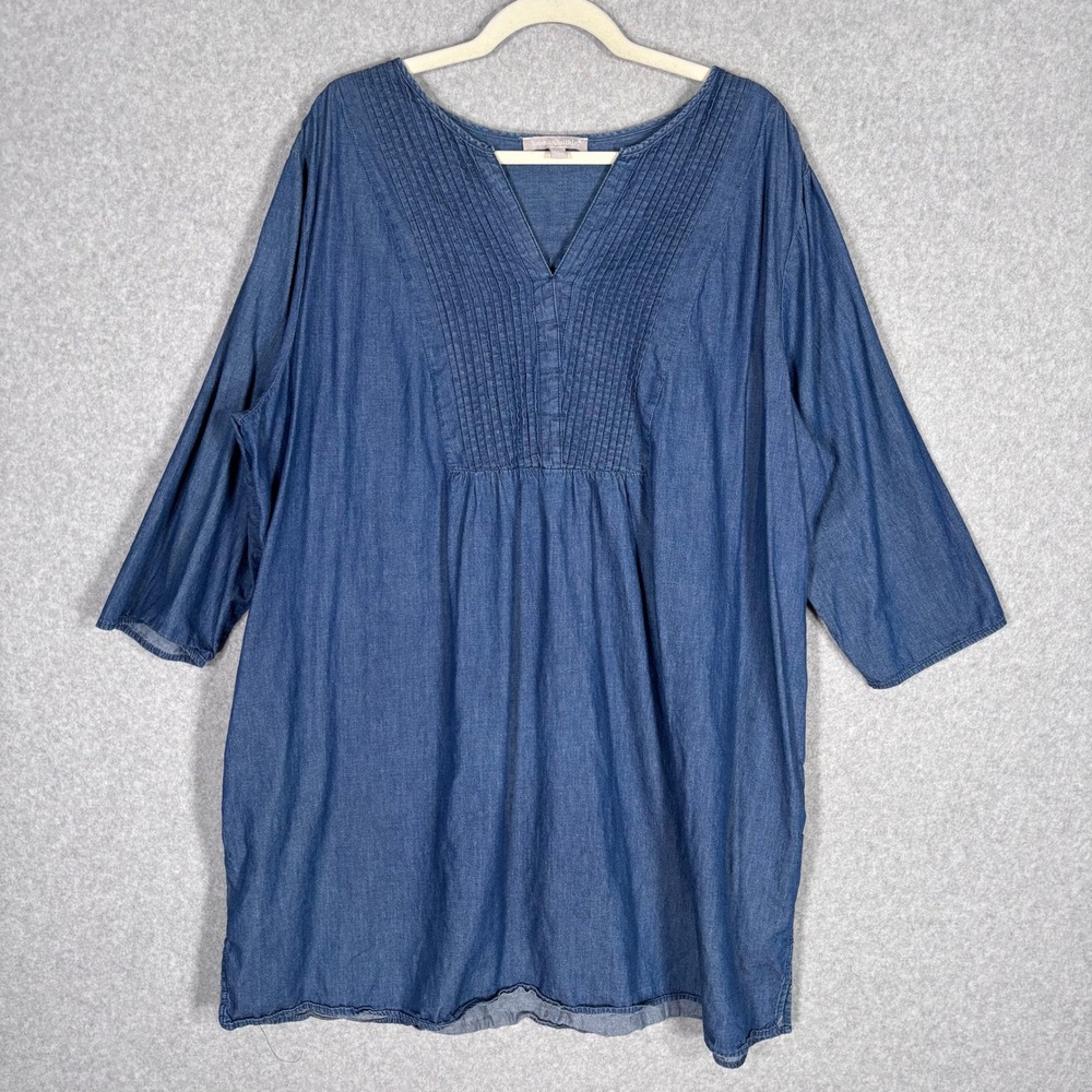 Woman Within Chambray Tunic Dress 1X Pintuck Cotton Cottage Prairie Lagenlook